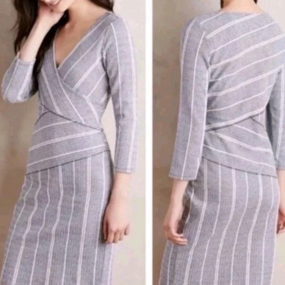 Maeve Wrapped Stripe Column Dress S Anthropologie Gray Navy Knit Stretch